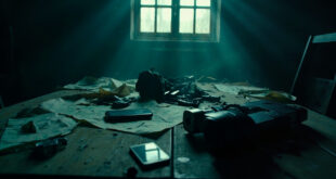 Surveillance equipment, discarded phones and maps on a wooden table in shadows of an empty rural church interior
