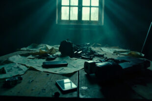 Surveillance equipment, discarded phones and maps on a wooden table in shadows of an empty rural church interior