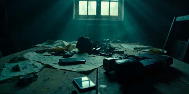 Surveillance equipment, discarded phones and maps on a wooden table in shadows of an empty rural church interior
