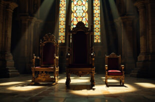 Two empty ornate chairs in grand castle hall with stone columns and colorful stained glass
