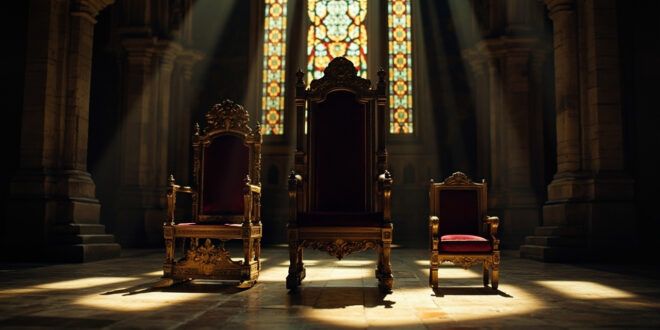 Two empty ornate chairs in grand castle hall with stone columns and colorful stained glass