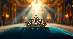 Ornate royal tiara displayed on velvet cushion in empty grand castle banquet hall, illuminated in blue and gold light