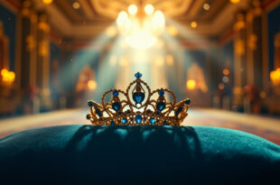 Ornate royal tiara displayed on velvet cushion in empty grand castle banquet hall, illuminated in blue and gold light