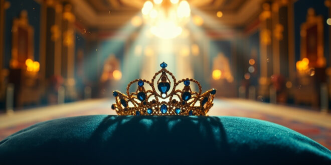 Ornate royal tiara displayed on velvet cushion in empty grand castle banquet hall, illuminated in blue and gold light