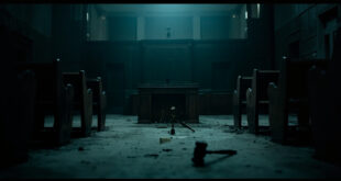 Empty courthouse interior with broken gavel and overturned scales of justice on wooden bench in dramatic lighting