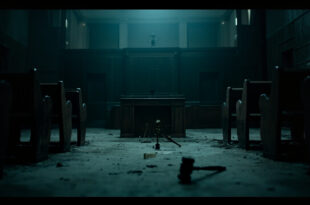 Empty courthouse interior with broken gavel and overturned scales of justice on wooden bench in dramatic lighting