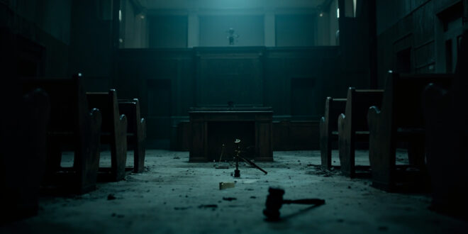 Empty courthouse interior with broken gavel and overturned scales of justice on wooden bench in dramatic lighting