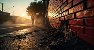 Abandoned crash site at urban intersection at dawn showing damaged brick wall with tire marks in charcoal and red lighting