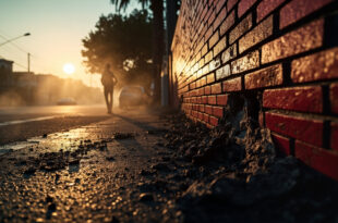 Abandoned crash site at urban intersection at dawn showing damaged brick wall with tire marks in charcoal and red lighting