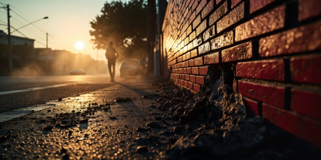 Abandoned crash site at urban intersection at dawn showing damaged brick wall with tire marks in charcoal and red lighting