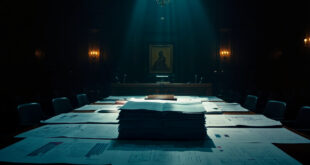 Stack of papers and charts on empty witness table in formal hearing room with vacant chairs and microphones.