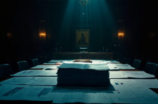 Stack of papers and charts on empty witness table in formal hearing room with vacant chairs and microphones.