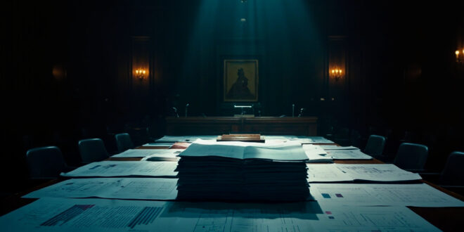 Stack of papers and charts on empty witness table in formal hearing room with vacant chairs and microphones.