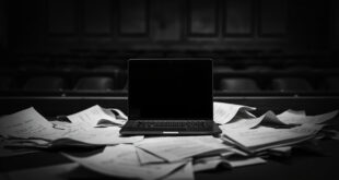Dark laptop computer sits closed on wooden courtroom bench surrounded by legal documents and case files.