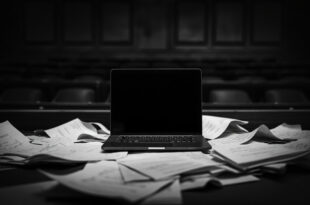 Dark laptop computer sits closed on wooden courtroom bench surrounded by legal documents and case files.