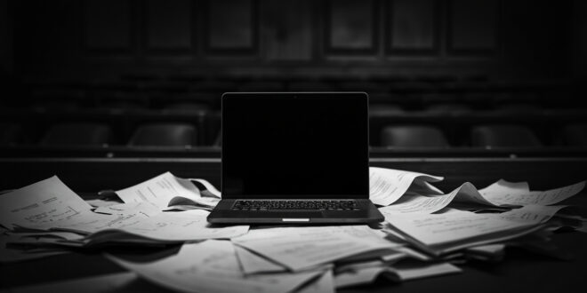 Dark laptop computer sits closed on wooden courtroom bench surrounded by legal documents and case files.
