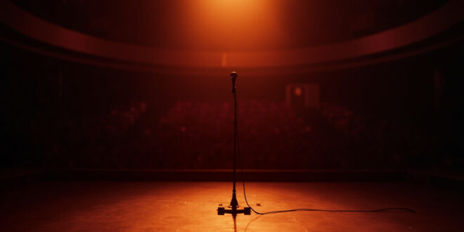 Empty microphone on stage with dramatic spotlight and vacant theater seats in background