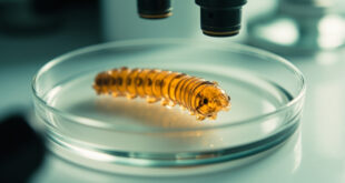 Close-up microscopic view of segmented parasitic larva specimen in laboratory petri dish under bright lighting