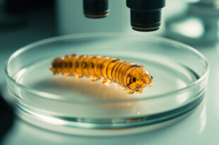 Close-up microscopic view of segmented parasitic larva specimen in laboratory petri dish under bright lighting