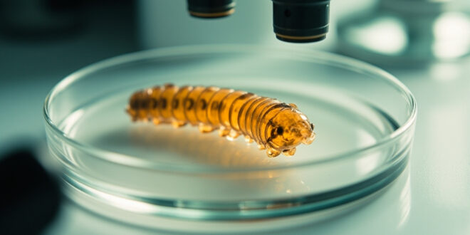 Close-up microscopic view of segmented parasitic larva specimen in laboratory petri dish under bright lighting