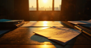 Handwritten assessment letter and official documents on empty parliamentary desk at dusk, bathed in deep blue and gold light