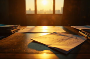 Handwritten assessment letter and official documents on empty parliamentary desk at dusk, bathed in deep blue and gold light
