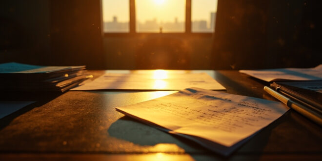 Handwritten assessment letter and official documents on empty parliamentary desk at dusk, bathed in deep blue and gold light