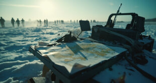 Abandoned military equipment scattered across snowy battlefield with torn maps on empty command table