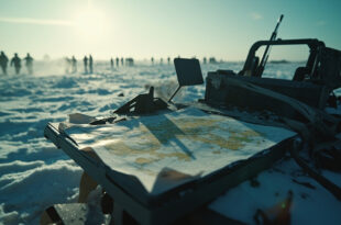 Abandoned military equipment scattered across snowy battlefield with torn maps on empty command table