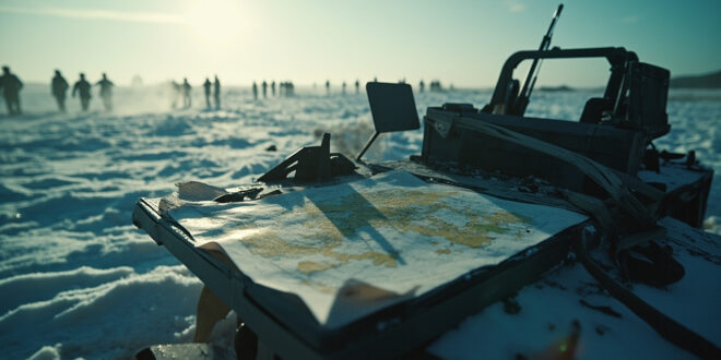 Abandoned military equipment scattered across snowy battlefield with torn maps on empty command table