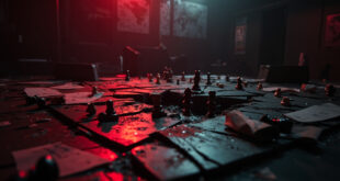 Abandoned war room with scattered chess pieces on cracked board, maps on walls, dramatic shadows
