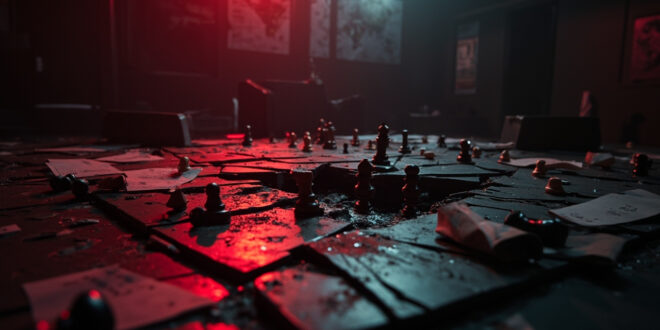 Abandoned war room with scattered chess pieces on cracked board, maps on walls, dramatic shadows