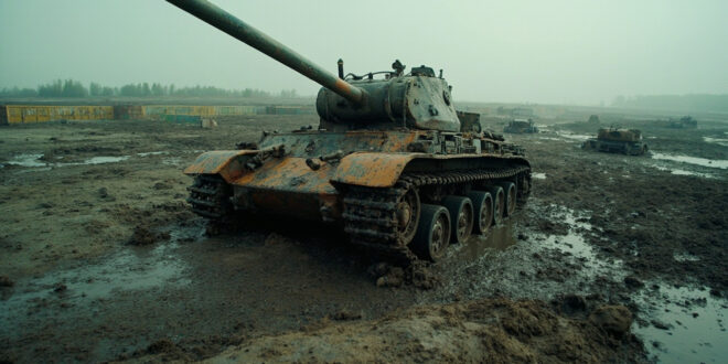 Abandoned military tank partially sunk in muddy battlefield with scattered equipment and defensive barriers.
