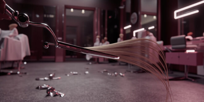 Professional scissors cutting long dark hair strands in modern salon with mirrors reflecting the dramatic transformation