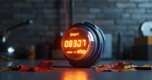 Digital electricity meter with amber display showing rising numbers in a modern utility room with autumn leaves nearby.