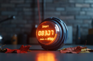 Digital electricity meter with amber display showing rising numbers in a modern utility room with autumn leaves nearby.