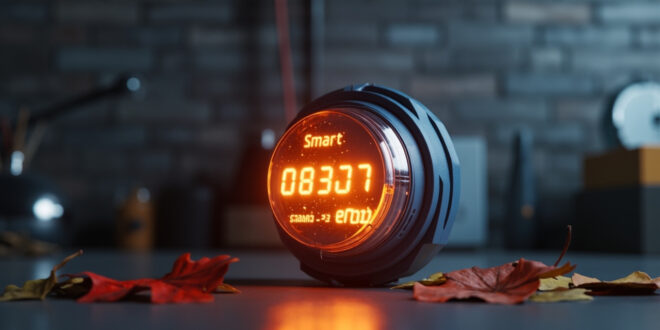 Digital electricity meter with amber display showing rising numbers in a modern utility room with autumn leaves nearby.