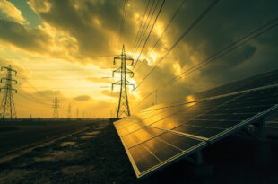 High-voltage electrical transmission towers and power lines stretching across industrial landscape with solar installations