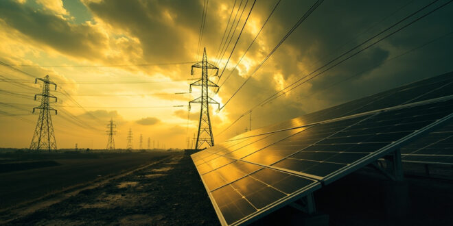 High-voltage electrical transmission towers and power lines stretching across industrial landscape with solar installations