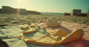 Vintage socialist-era swimsuits arranged on beach towels against backdrop of concrete structures at deserted public beach