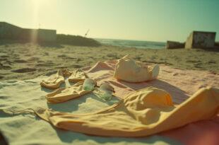 Vintage socialist-era swimsuits arranged on beach towels against backdrop of concrete structures at deserted public beach