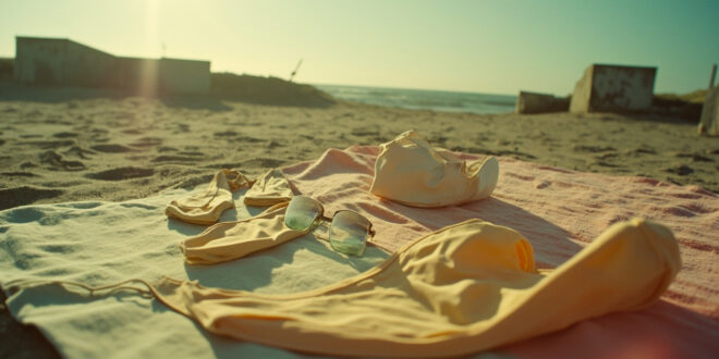 Vintage socialist-era swimsuits arranged on beach towels against backdrop of concrete structures at deserted public beach