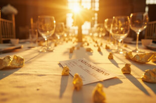 Empty wedding reception tables with admission tickets, price tags and donation check in an elegant venue with ivory and gold decor