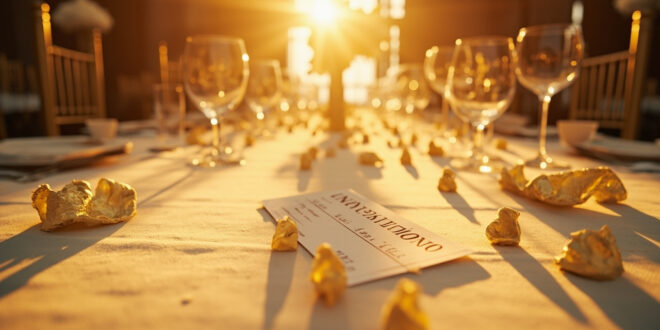 Empty wedding reception tables with admission tickets, price tags and donation check in an elegant venue with ivory and gold decor