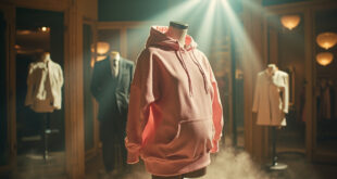 Pink maternity hoodie displayed on mannequin in abandoned fashion boutique with atmospheric lighting and dust.