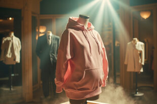 Pink maternity hoodie displayed on mannequin in abandoned fashion boutique with atmospheric lighting and dust.