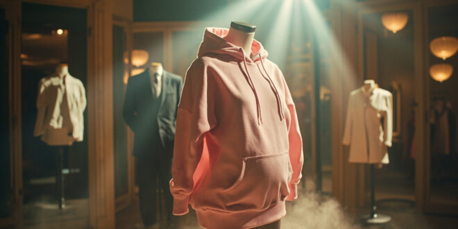 Pink maternity hoodie displayed on mannequin in abandoned fashion boutique with atmospheric lighting and dust.
