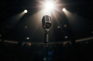 Vintage microphone standing alone under a single spotlight on an empty stage in a dimly lit, vacant concert hall.