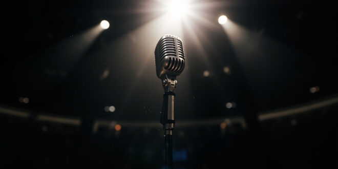 Vintage microphone standing alone under a single spotlight on an empty stage in a dimly lit, vacant concert hall.