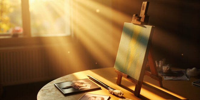 Empty art easel with finished family portrait in sunlit room, paintbrush resting beside canvas with art supplies and photos